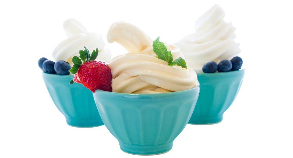 Bowls of frozen yogurt topped with mint and berries