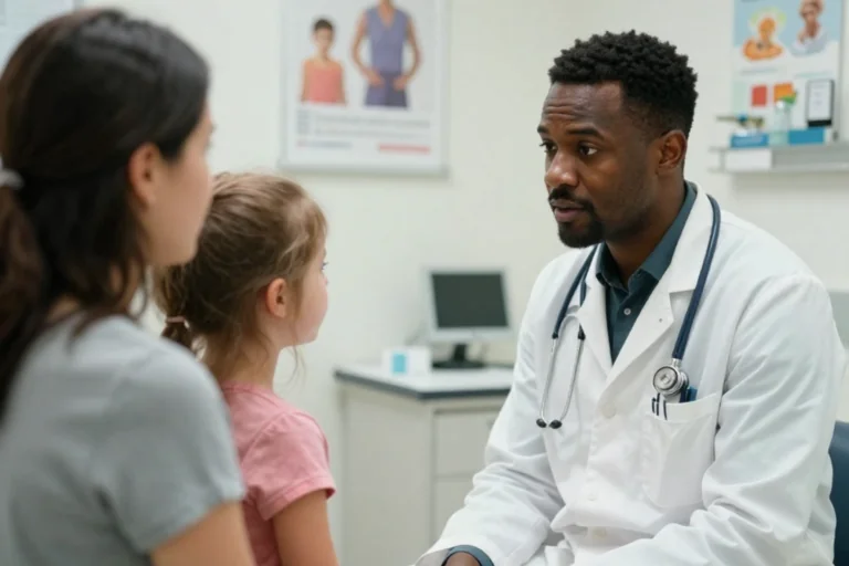 Doctor in a lab coat speaking with a mother and young child during a medical visit in a clinic exam room