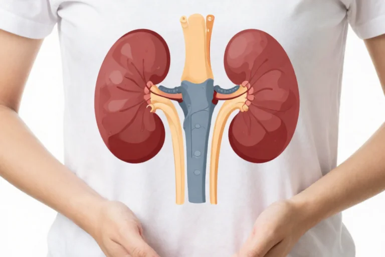 Illustration of human kidneys and urinary system displayed on a person’s torso