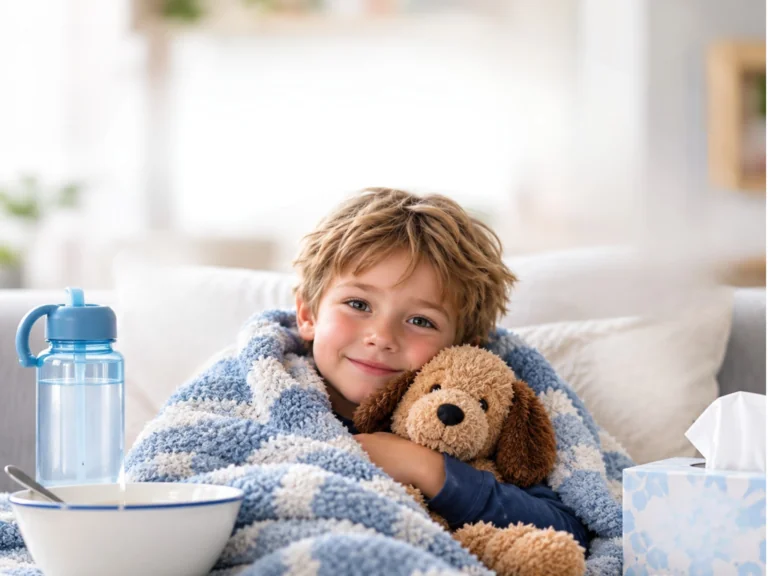 A kid holding his stuffed animal surrounded by a blank and tissue